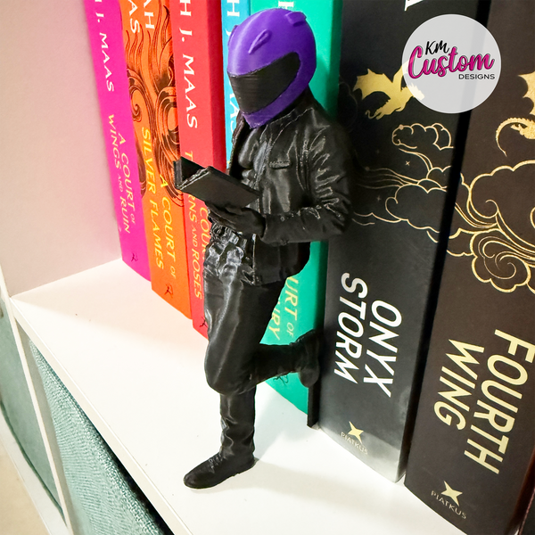 3D printed biker reader bookshelf figure - coloured helmet