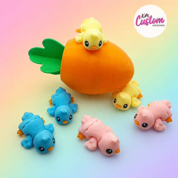 Chickens in a carrot container