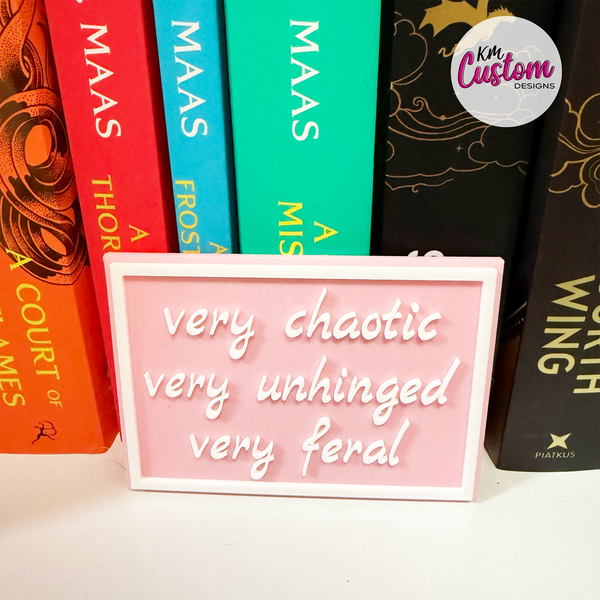 3D Printed Very chaotic very unhinged very feral Book Shelf Sign